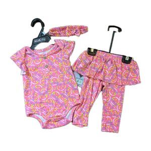 Baby Girl 6-9 Months Pink Smiley 3 Piece Outfit Shirt Pants skirt HeadBand Delia